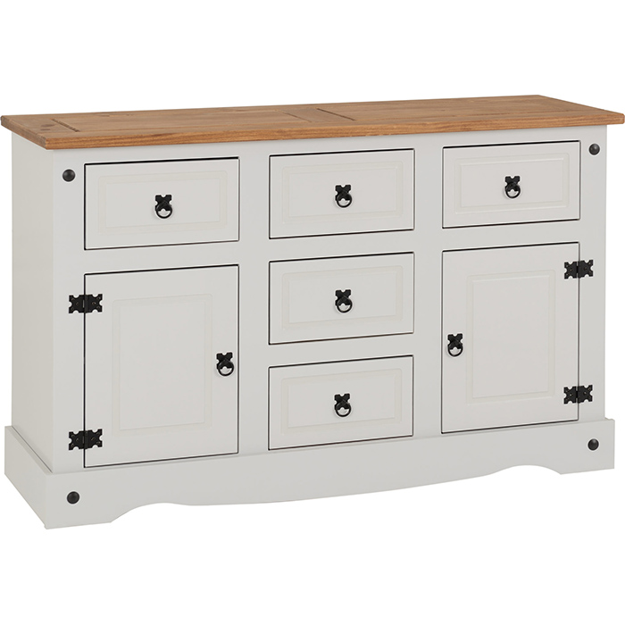 Corona 2 Door 5 Drawer Sideboard In Grey & Distressed Waxed Pine